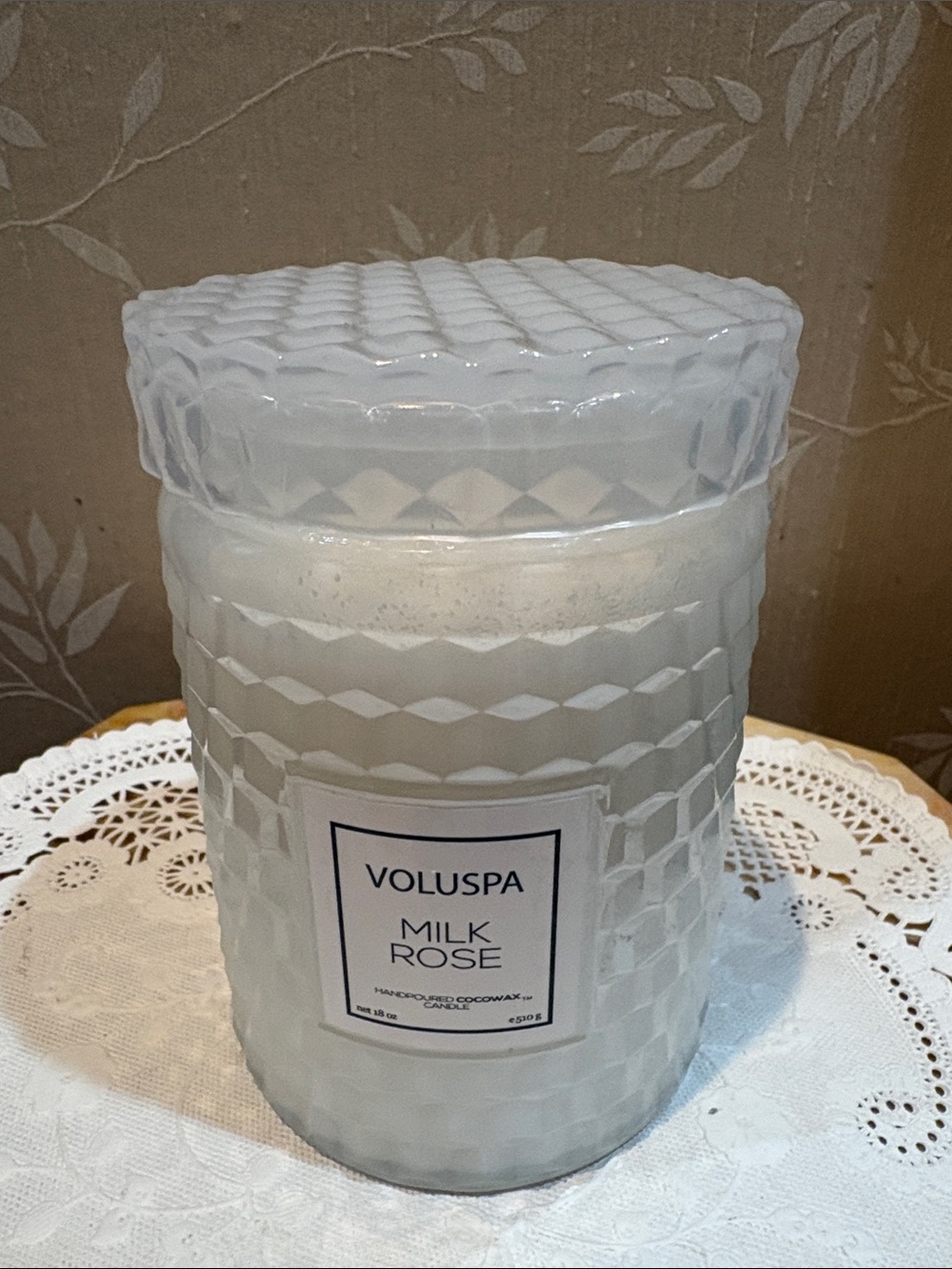 Voluspa Milk Rose Candle in White Textured Glass Scented Candle Jar